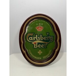 Carlsberg‎ Beer Sign Mirror with Wood Frame Copenhagen Denmark Vintage 1990